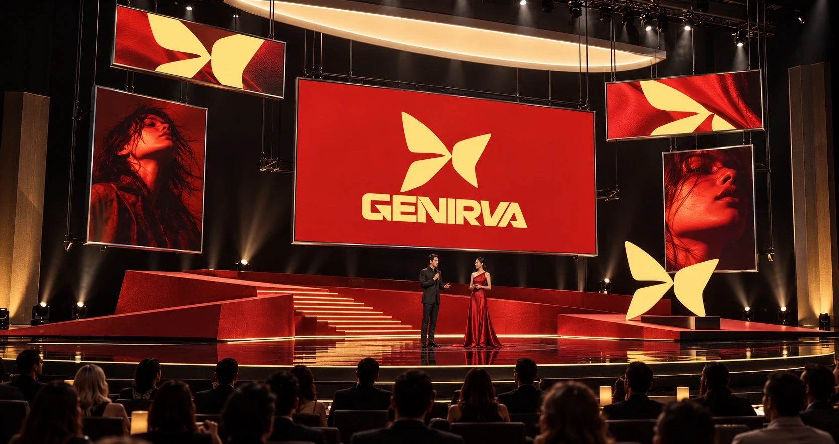 GENIRVA concept awards show with red screens and a gold stage